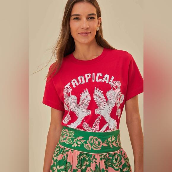 FARM Rio Red Tropical Organic Cotton T-Shirt XXS - Picture 2 of 8